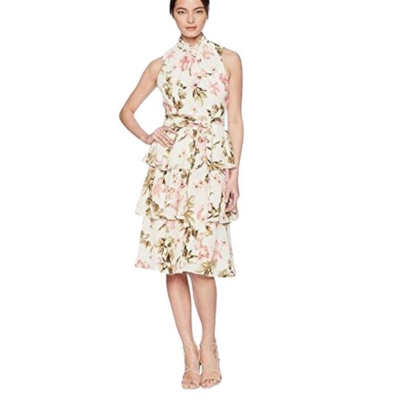 Jessica Howard Printed Floral Tiered Dress Ivory Size 16 Color Cream/Pink - Picture 1 of 14